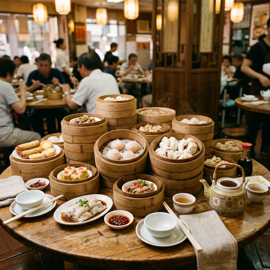Cantonese dim sum feast in bamboo steamers